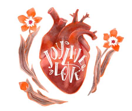 Realistic watercolor silhouette of heart with lettering and flowers. Joy, live, love text. Illustration isolated on white backgroundの写真素材