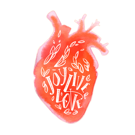 Realistic silhouette of heart with lettering. Joy, live, love text. Illustration isolated on white backgroundの写真素材
