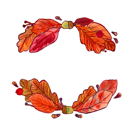 Watercolor autumn leaves, acorns and tree seeds, fall design elementの写真素材