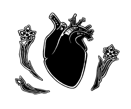 Realistic human heart with flowers, vector illustrationのイラスト素材