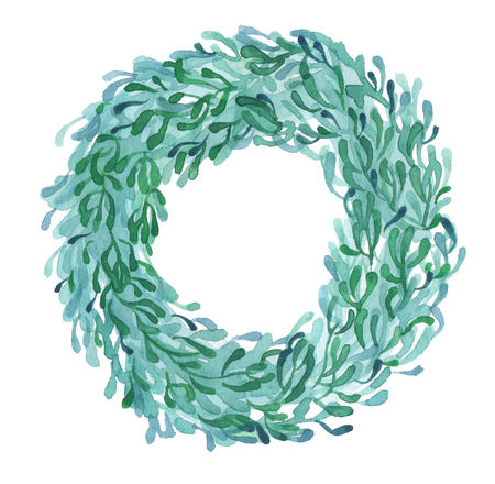 Mistletoe Christmas wreath without berries, watercolor isolated on white backgroundの写真素材