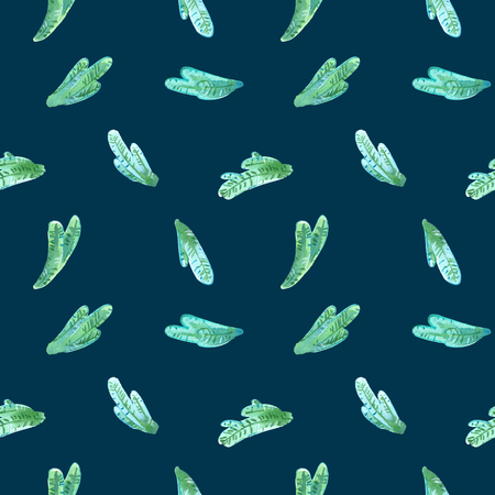 Spruce watercolor brunches, Christmas seamless pattern on blue backgroundの写真素材