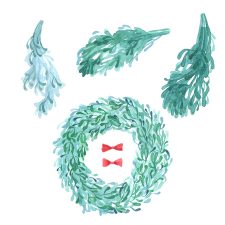 Mistletoe, Christmas watercolor design elements set isolated on white backgrounの写真素材