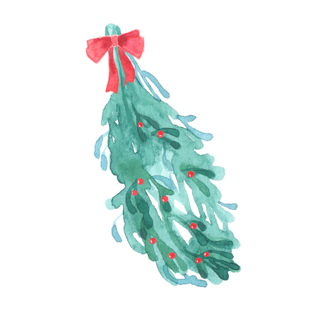 Mistletoe with berries and bow, Christmas watercolor isolated on white backgroundの写真素材