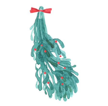 Mistletoe with berries and bow, Christmas watercolor isolated on white backgroundの写真素材