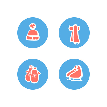 Hand drawn colorful vector icons of winter accessories and skatesのイラスト素材