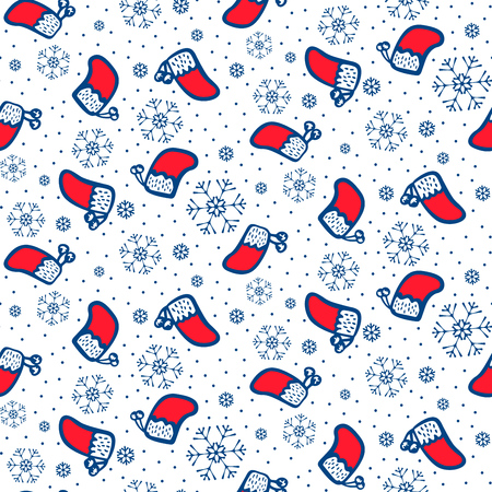 Winter holidays illustration, seamless pattern with snowflakes and Christmas socksのイラスト素材
