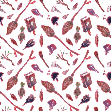 Witchcraft items. Seamless watercolor hand drawn patternの写真素材