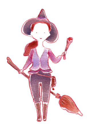 Little witch with broom and magic wand, watercolor cartoon illustration isolated on whiteの写真素材