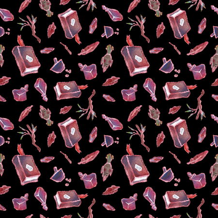 Witchcraft items. Seamless watercolor hand drawn patternの写真素材