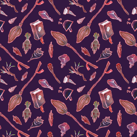 Witchcraft items. Seamless watercolor hand drawn patternの写真素材