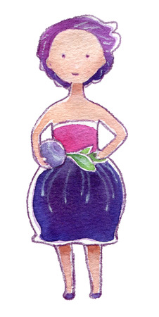 Cartoon girl with violet hair, watercolor illustration isolated on whiteの写真素材