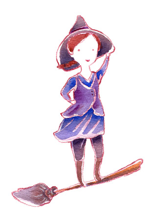 Little brave witch standing on flying broom, watercolor cartoon illustration isolated on whiteの写真素材