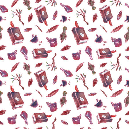 Witchcraft items. Seamless watercolor hand drawn patternの写真素材