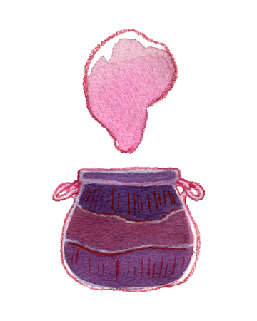 Watercolor cauldron with pink smoke illustration isolated on whiteの写真素材