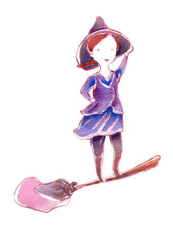 Little brave witch standing on flying broom, watercolor cartoon illustration isolated on whiteの写真素材