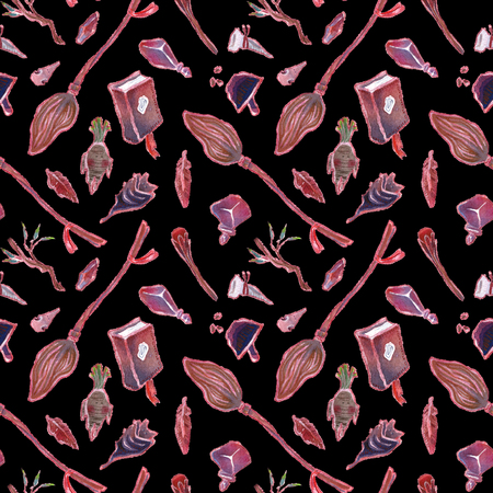 Witchcraft items. Seamless watercolor hand drawn patternの写真素材