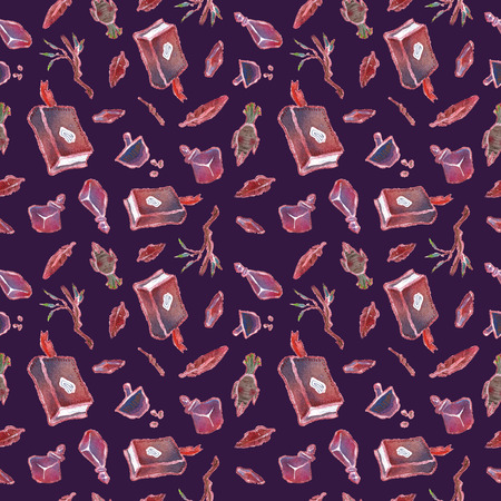 Witchcraft items. Seamless watercolor hand drawn patternの写真素材