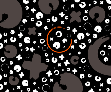 Gray, white and orange hand drawn pattern with x and o symbols on black background. Vector ink repeating cross and zero or xo signのイラスト素材