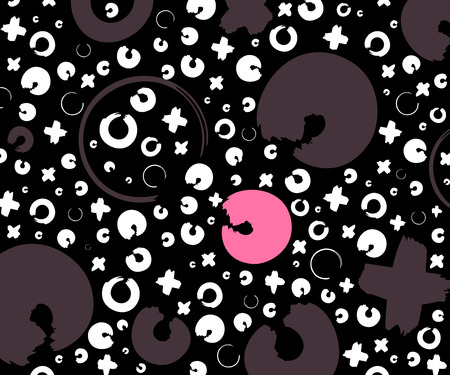 Gray, white and pink hand drawn pattern with x and o symbols on black background. Vector ink repeating cross and zero or xo signのイラスト素材