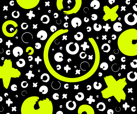 Green, gray and whitehand drawn pattern with x and o symbols on black background. Vector ink repeating cross and zero or xo signのイラスト素材