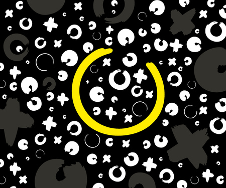 Gray, white and yellow hand drawn pattern with x and o symbols on black background. Vector ink repeating cross and zero or xo signのイラスト素材