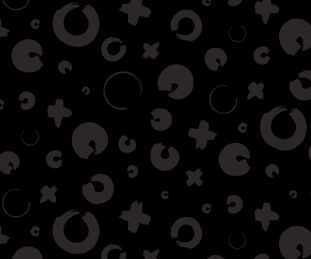 Hand drawn pattern with x and o symbols on black background. Vector ink repeating cross and zero or xo signのイラスト素材