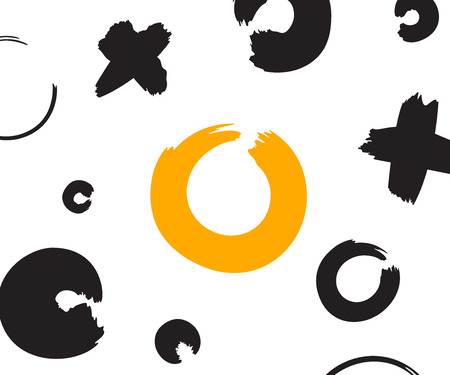 Black and orange hand drawn pattern with x and o symbols on white background. Vector ink repeating cross and zero or xo signのイラスト素材