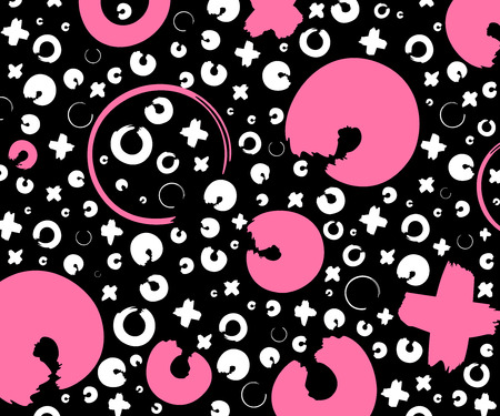 Gray, white and pink hand drawn pattern with x and o symbols on black background. Vector ink repeating cross and zero or xo signのイラスト素材