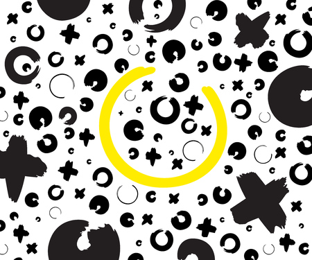 Black and yellow hand drawn pattern with x and o symbols on white background. Vector ink repeating cross and zero or xo signのイラスト素材