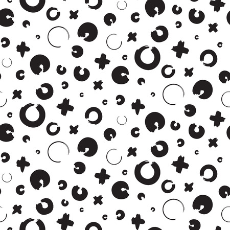 Endless youth backdrop with repeating ink cross and zero or xo vector sign. Hand drawn seamless pattern with x and o symbols on white backgroundのイラスト素材