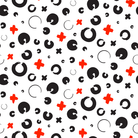Endless youth backdrop with repeating ink cross and zero or xo vector sign. Hand drawn seamless pattern with x and o symbols on white backgroundのイラスト素材