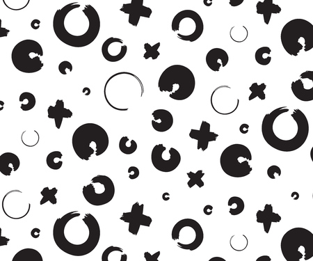 Black and white hand drawn pattern with x and o symbols on white background. Different size ink cross and zero or xo vector signs patternのイラスト素材