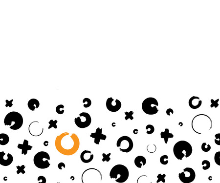 Black and orange hand drawn pattern with x and o symbols on white background. Vector ink repeating cross and zero or xo signのイラスト素材