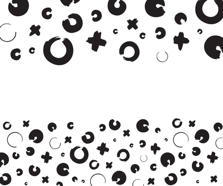 Black and white hand drawn pattern with x and o symbols on white background. Different size ink cross and zero or xo vector signs patternのイラスト素材