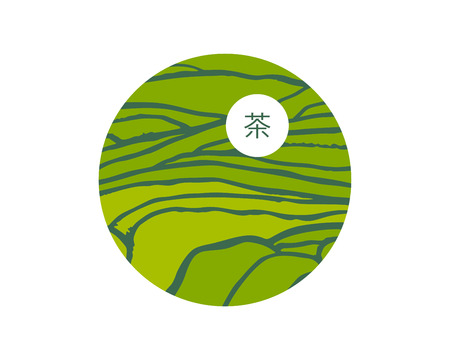 Tea plant fields. Vector tea plantation on cascades field. Tea title on Chineseのイラスト素材
