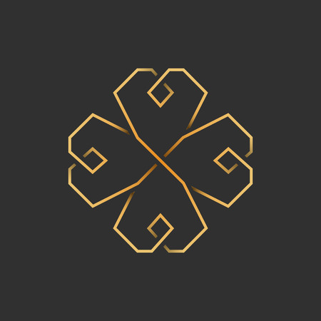 Gold four leaf shamrock in Celtic style, St Patrick's day vector line clover icon on dark gray backgroundのイラスト素材