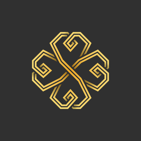 Gold four leaf shamrock in Celtic style, St Patrick's day vector line clover icon on dark gray backgroundのイラスト素材