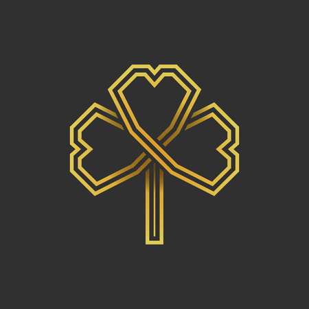 Gold four leaf shamrock in Celtic style, St Patrick's day vector line clover icon on dark gray backgroundのイラスト素材