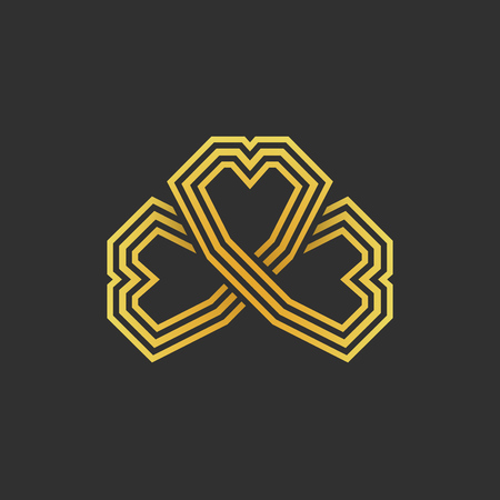 Gold four leaf shamrock in Celtic style, St Patrick's day vector line clover icon on dark gray backgroundのイラスト素材