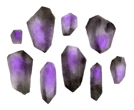 Watercolor crystal isolated on white background. Set of dark gemstoneの写真素材