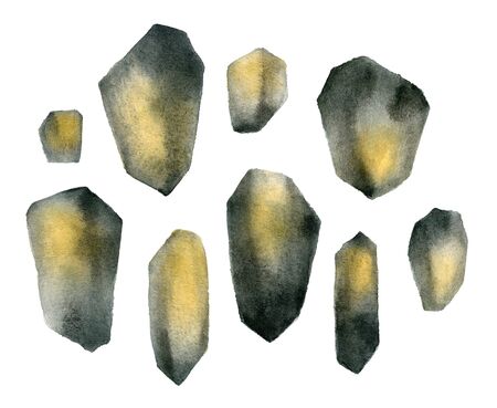 Watercolor crystal isolated on white background. Set of dark gemstoneの写真素材