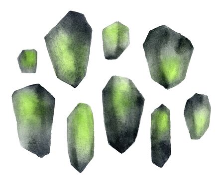 Watercolor crystal isolated on white background. Set of dark gemstoneの写真素材
