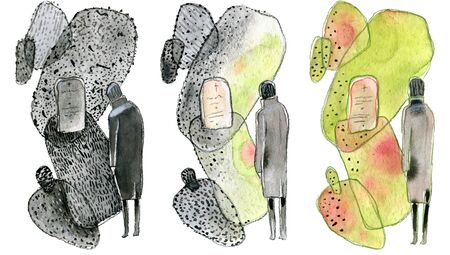 Grieving man at the grave on the graveyard. Set of illustrations isolated on whiteの写真素材