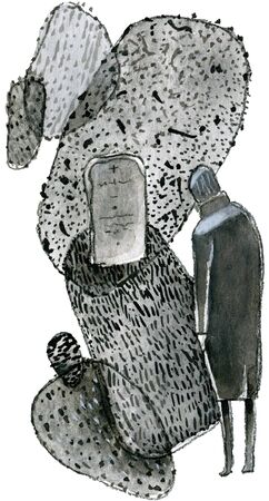 Grieving man at the grave on the graveyard. Black and white illustration isolated on whiteの写真素材