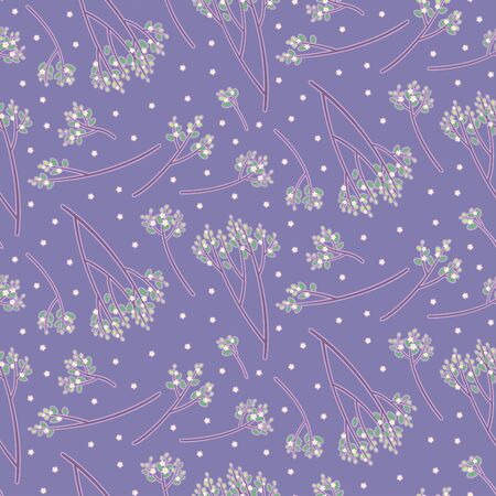 Floral seamless pattern of blossoming flowers on brunch of apple tree on lilac backgroundのイラスト素材