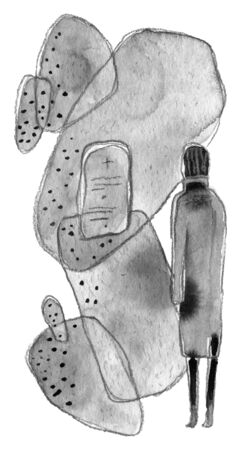 Grieving man at the grave on the graveyard. Black and white illustration isolated on whiteの写真素材