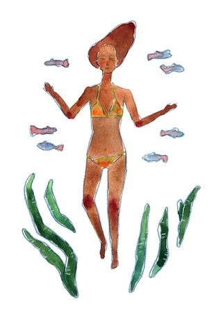 Swimming girl in yellow swimsuit. Diving illustration isolated on whiteの写真素材