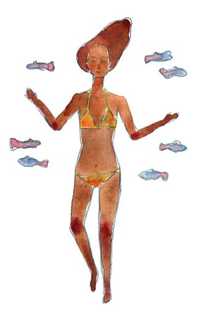 Swimming girl in yellow swimsuit. Diving illustration isolated on whiteの写真素材