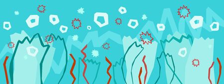 Seaweeds, stars and air bubbles in water, underwater background in angular styleのイラスト素材